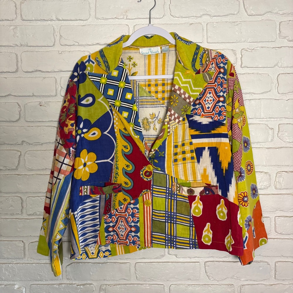 Sacred Threads Patchwork Cotton Blazer Jacket Multicolor Boho Artsy Hippie Med